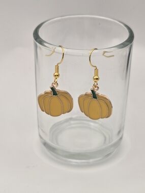 Gold-Tone Yellow Pumpkin Drop Earrings with Green Stem